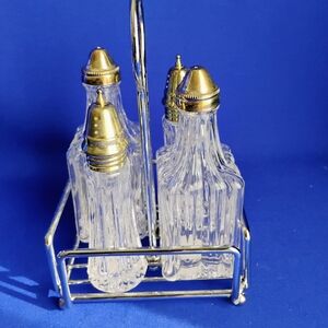 Elegant Glass Cruet Set Silver Tone Lids